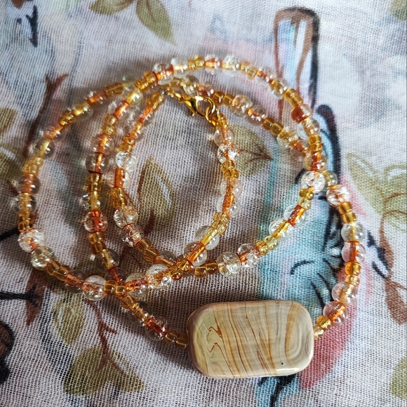 Round Beaded Seed Bead Honey Color Variegated Ceramic Stone Necklace - Picture 7 of 10